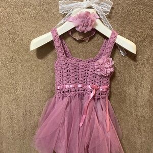 Elly & Emmy NWT 0-6M Mauve Crochet Knit Tulle Tutu Dress & Headband Set Photo Op